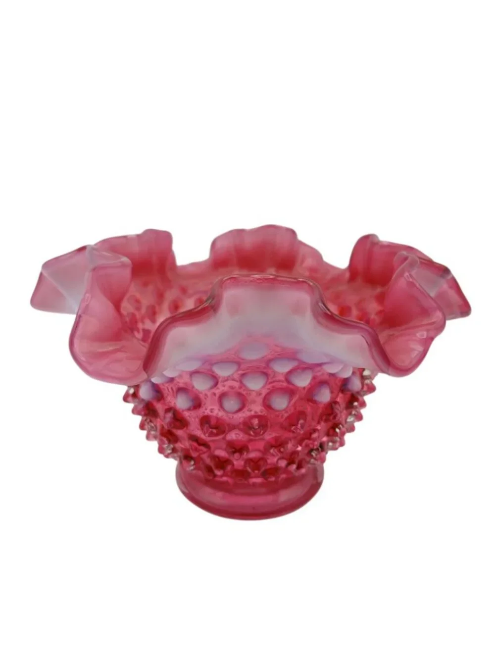 Fenton Cranberry Opalescent Hobnail Bowl Ruffled Art Glass 7